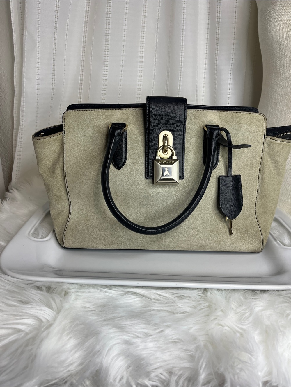 Patrizia Pepe Beige Suede and Black Leather Satchel with Gold Lock